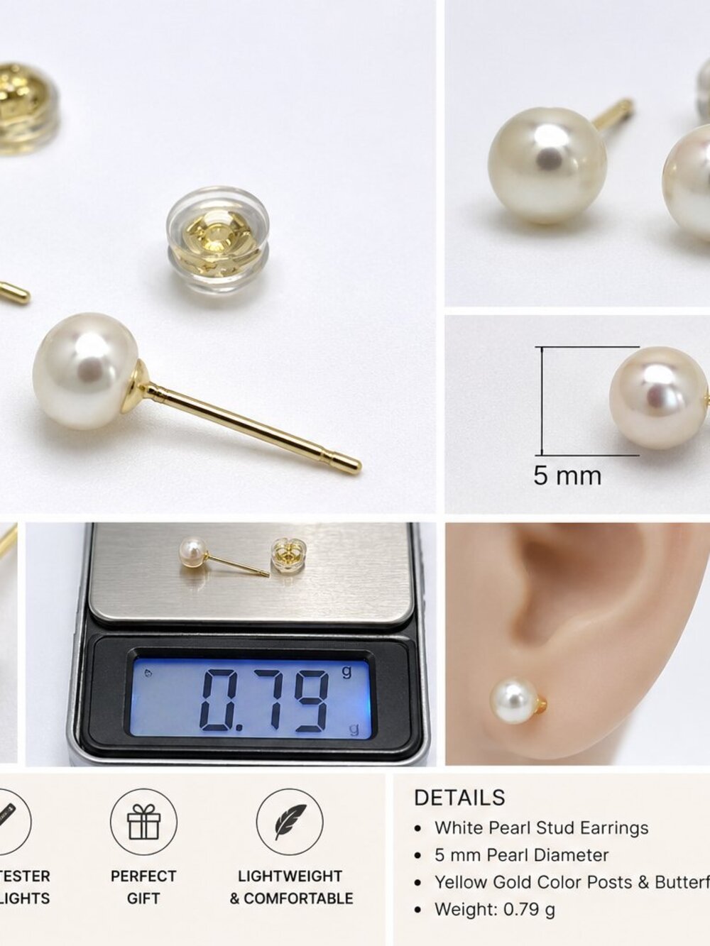 EA-03-S-Wht-Stud- Pearl Stud Earrings Gold Tone Sterling Silver